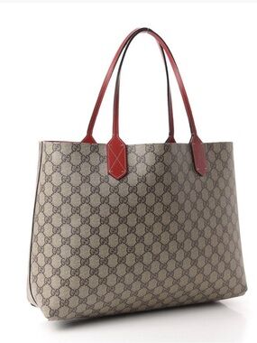 Gucci Beige GG Supreme Canvas Tote with Red Leather Handles